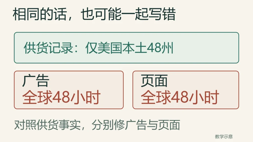 供货记录仅美国本土48州，广告与页面同写全球48小时仍都错误，需要分别修正