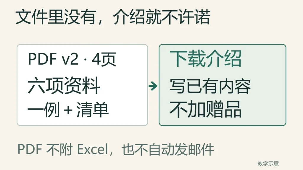 4页v2 PDF的六项资料、填写例子和清单支持下载介绍，不另附Excel或自动发送邮件