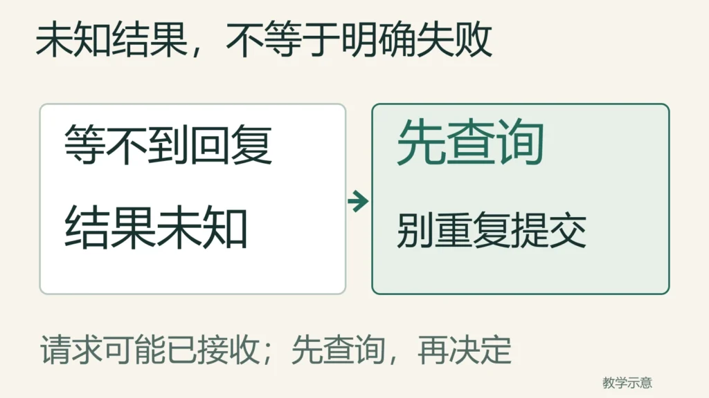 请求发出后等不到最终回复表示结果未知，可能已经接收，应先查询而非重复提交