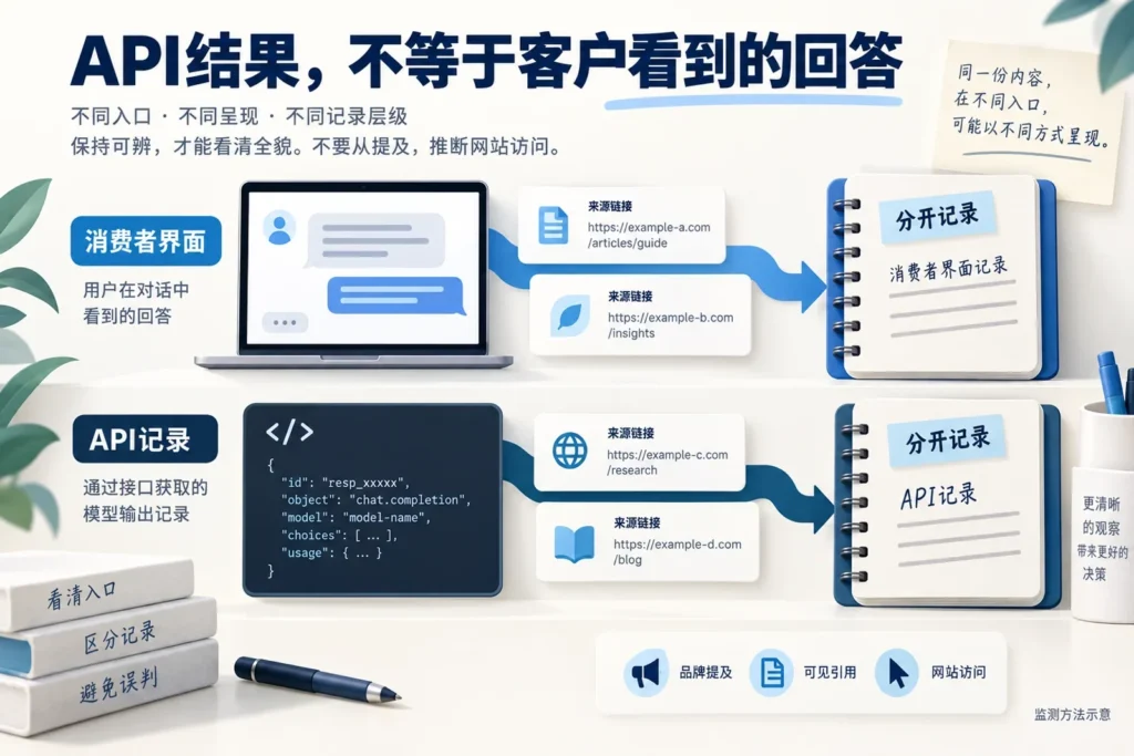 AI监测示意：消费者界面与API来源分别记录，并区分品牌提及、可见引用和访问