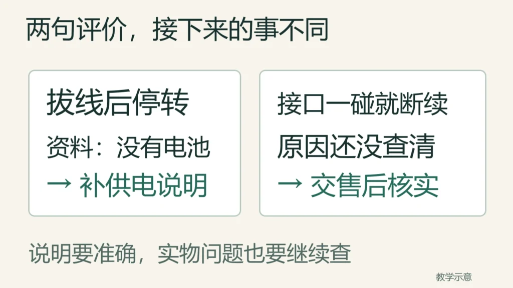 拔线停转补清无电池供电说明，接口断续交售后查原因