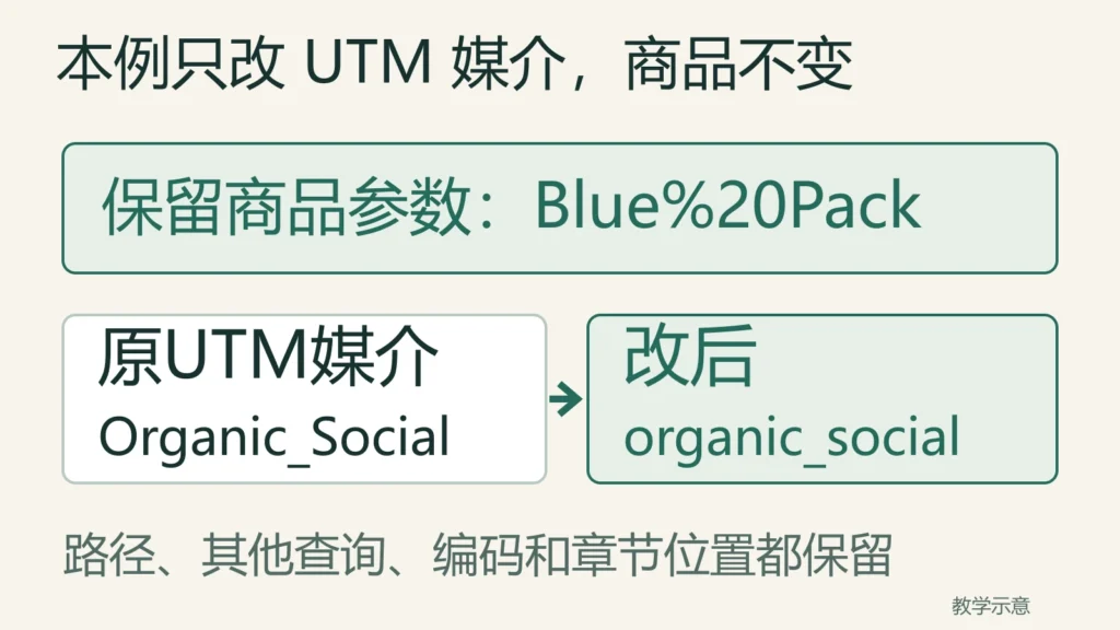 U2保留商品参数中Blue与Pack之间的空格编码，只把UTM媒介Organic_Social改为organic_social，路径其他查询编码和章节保持