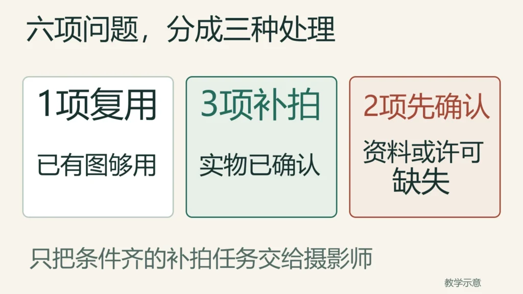 六项网站照片需求中，一项复用已有图，三项有确认实物可补拍，两项缺资料或许可先确认