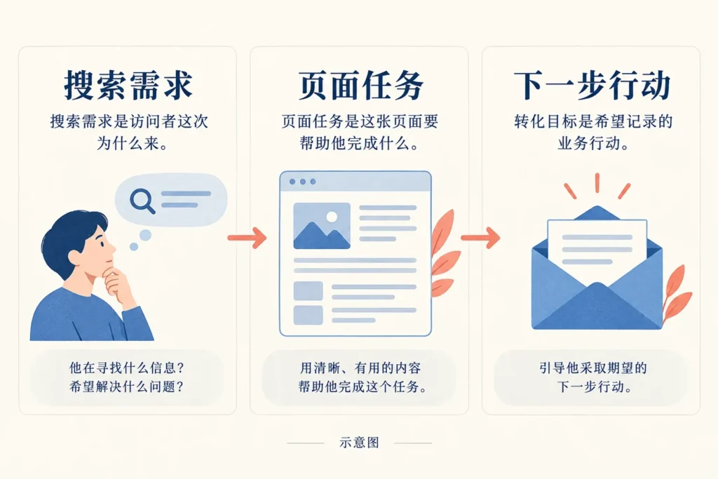 搜索需求、页面任务与下一步行动三层衔接的示意图