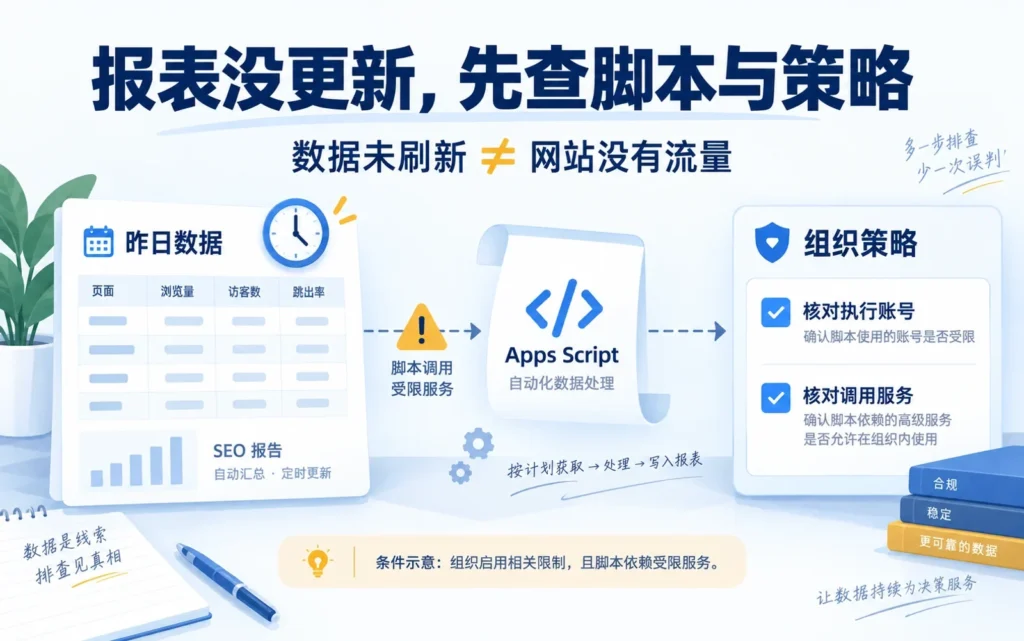 SEO日报未刷新时检查Apps Script调用服务与组织数据区域策略的示意