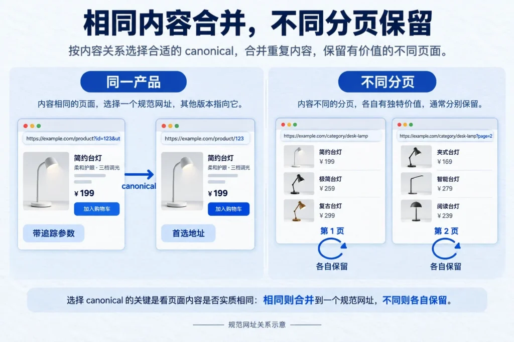 Canonical关系示意:相同产品参数副本指向首选网址,不同分页各自保留