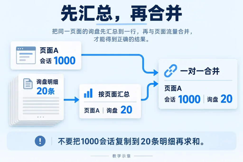 页面A的20条询盘先聚合再与1000会话一对一合并,结果仍是1000会话和20询盘