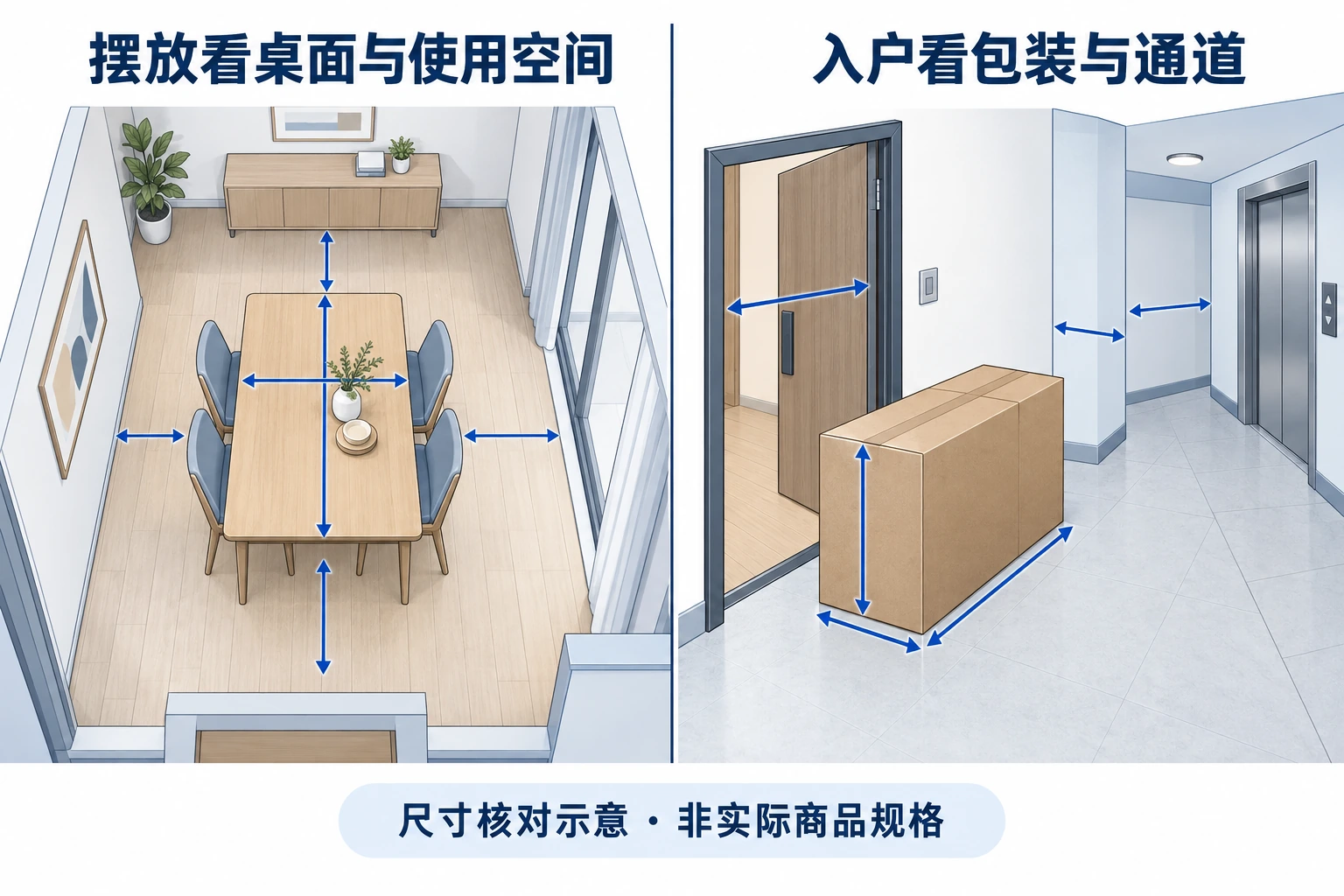 餐桌摆放空间与包装通过电梯转角的两种核对对象示意