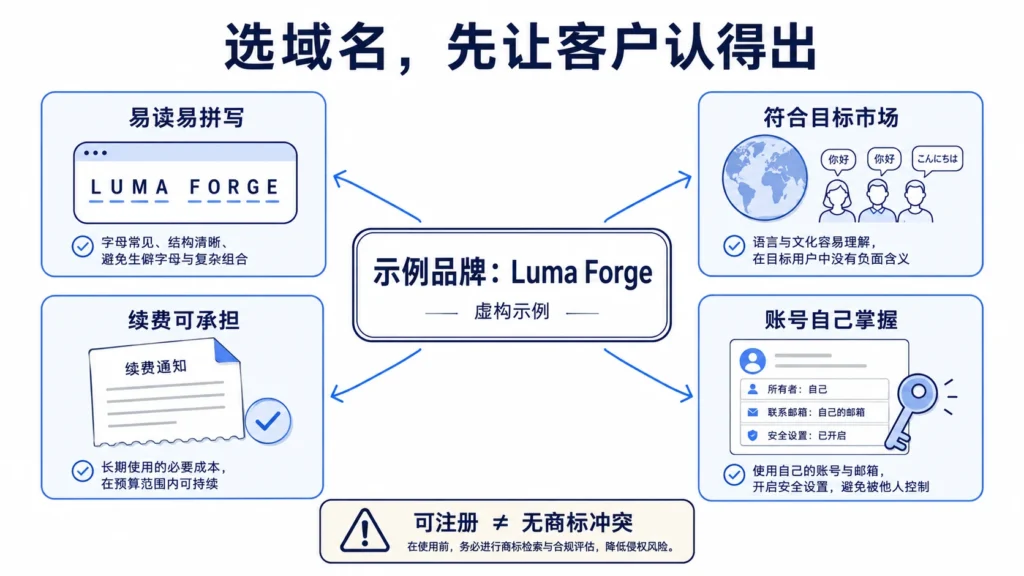 以虚构品牌Luma Forge为例，域名选择需要核对拼写、目标市场、续费与账号归属
