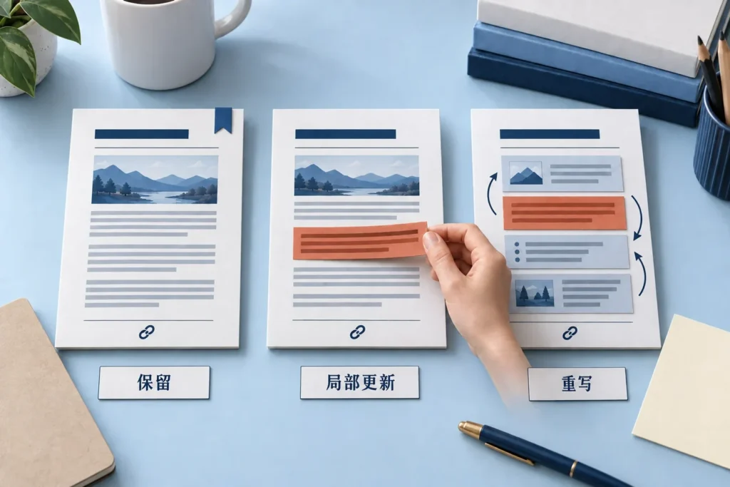 旧文保留、局部更新与重写的范围对比