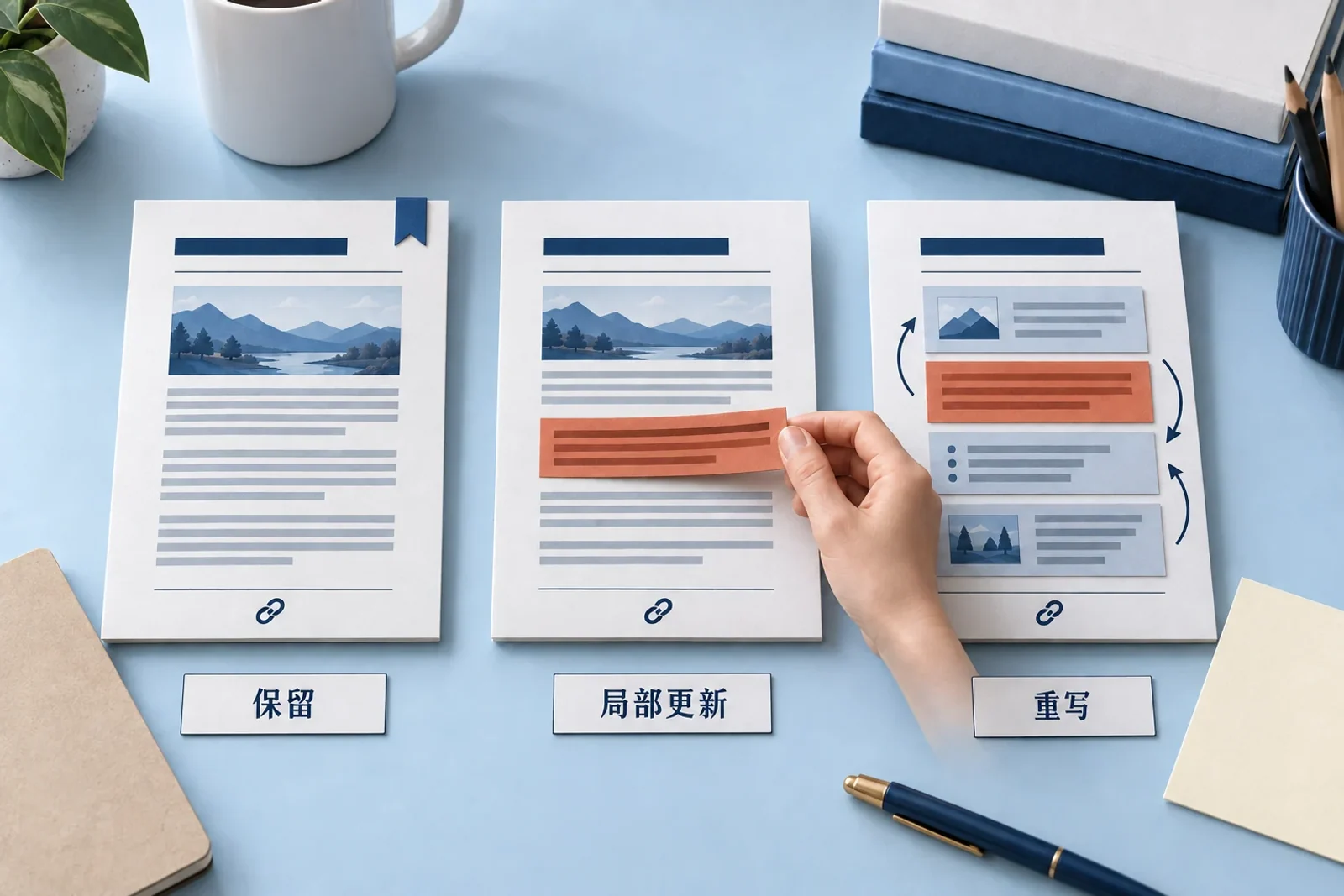 旧文保留、局部更新与重写的范围对比