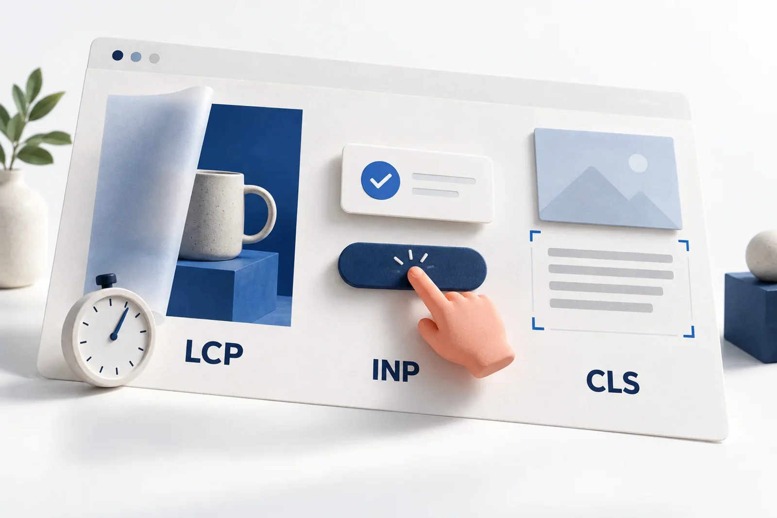 LCP加载、INP操作反馈与CLS布局稳定示意