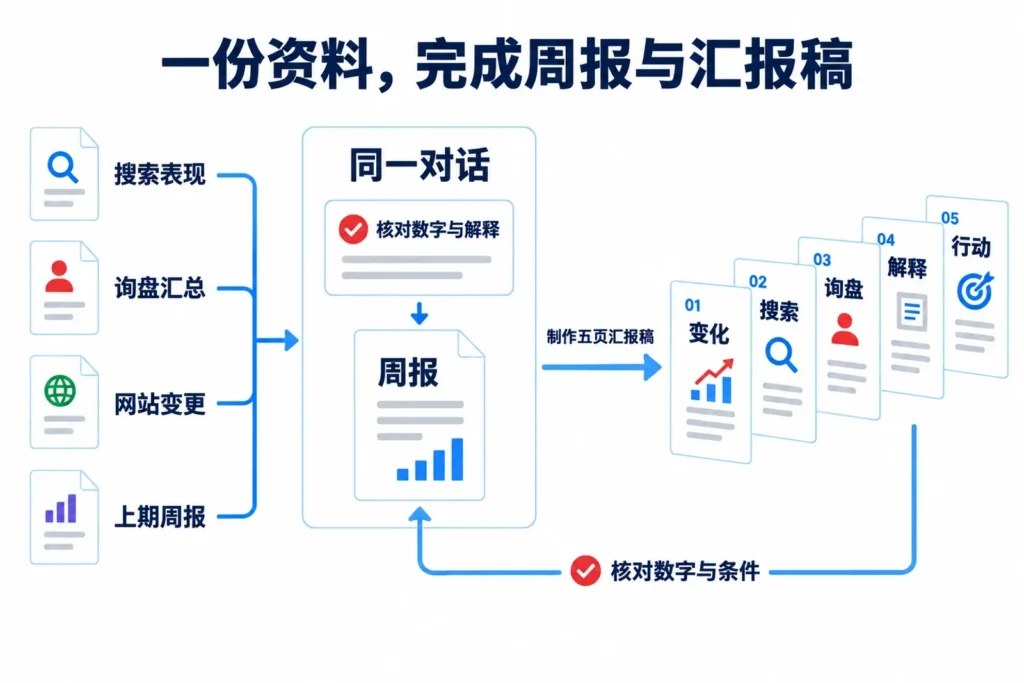 搜索与询盘等四类资料经同一对话核对后形成周报,再生成五页汇报稿并交叉检查数字与条件