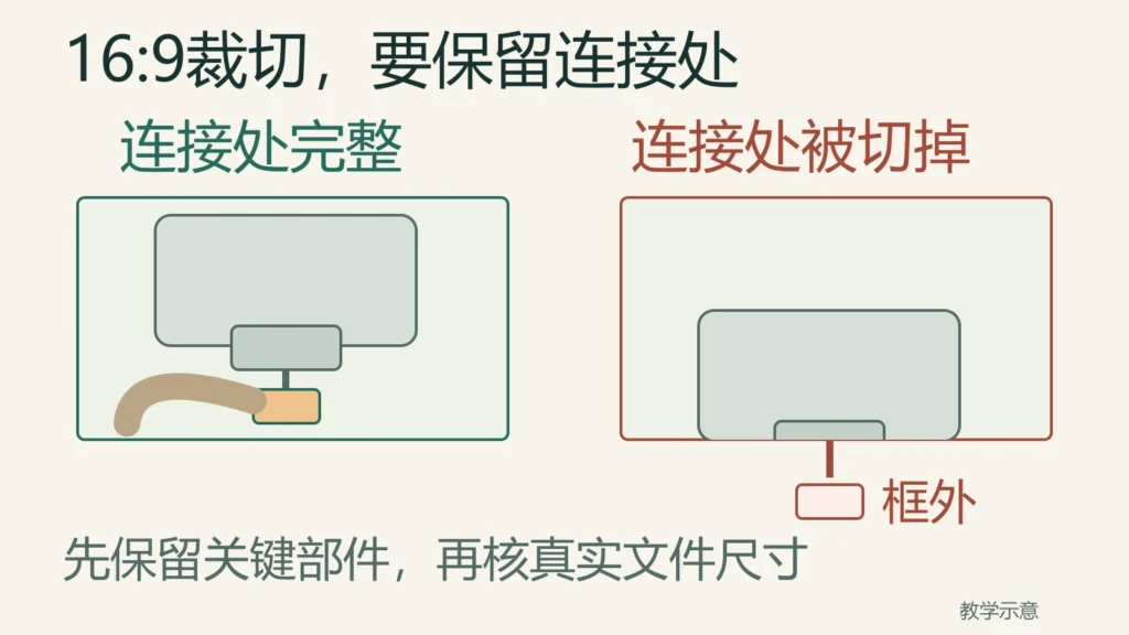 16:9裁切示意,左边保留连接接头,右边裁切框偏高把接头切掉,尺寸之外还要看关键部件
