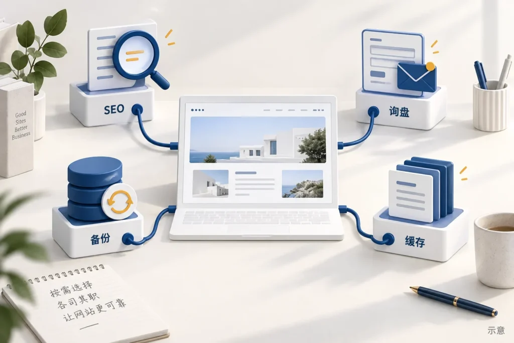 网站按SEO、询盘、备份和缓存分配功能示意