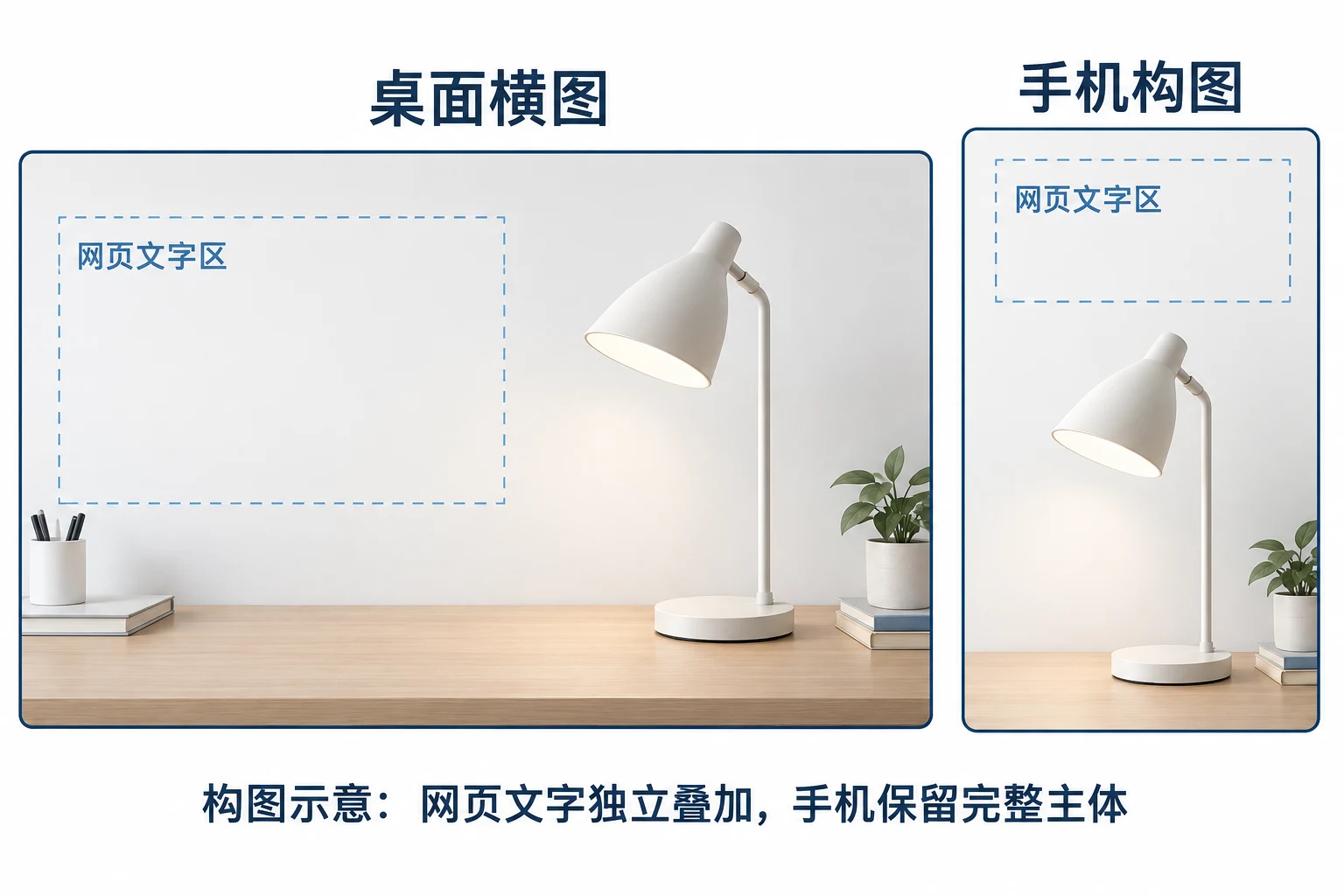 构图示意：桌面横图左侧留网页文字区，手机构图保留完整灯具