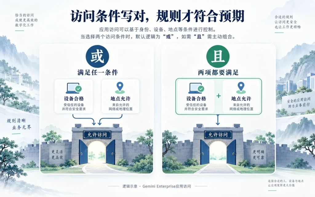Gemini Enterprise访问级别或逻辑与同时满足条件的组合逻辑示意