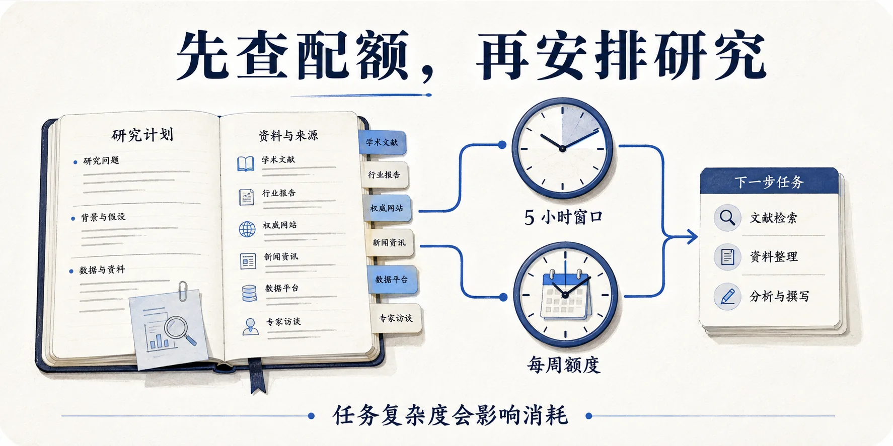 研究笔记同时连接五小时窗口和每周额度，再安排下一步任务