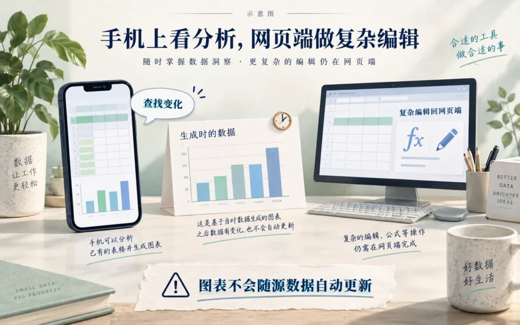 Android手机分析表格与网页端复杂编辑分工及静态图表说明