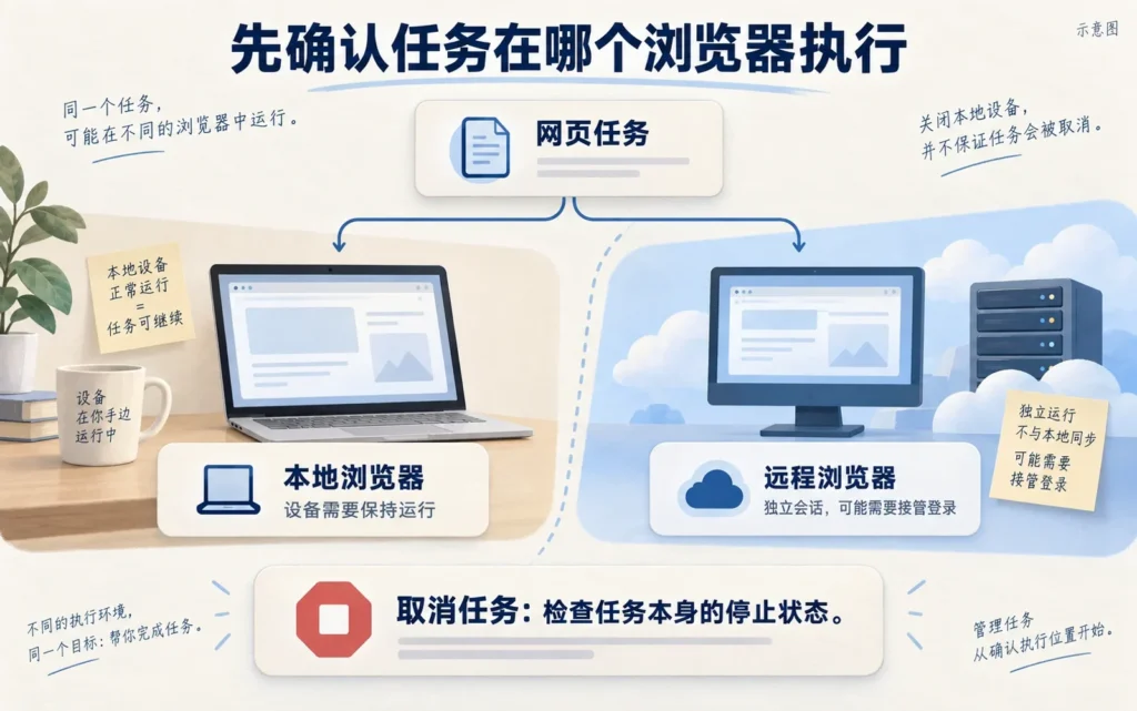 Gemini Spark本地浏览器与独立远程会话和任务停止位置示意