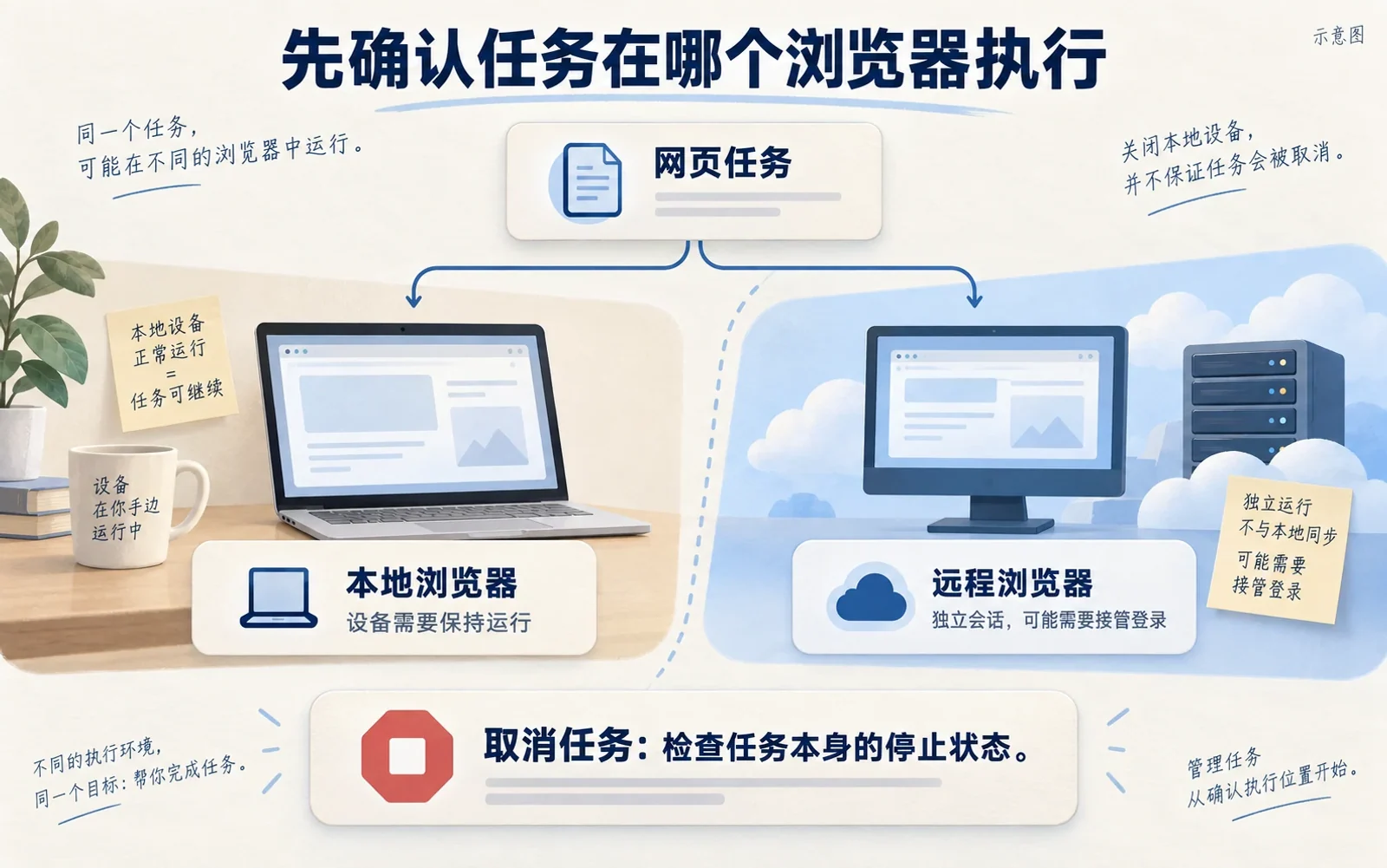 Gemini Spark本地浏览器与独立远程会话和任务停止位置示意