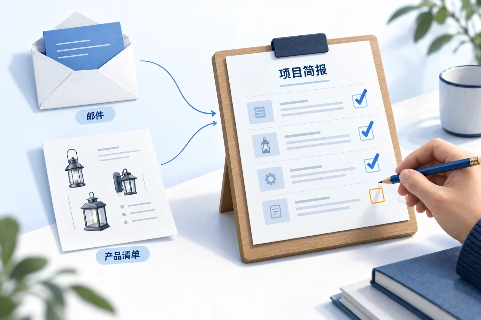 邮件和产品清单汇入待核对的项目简报