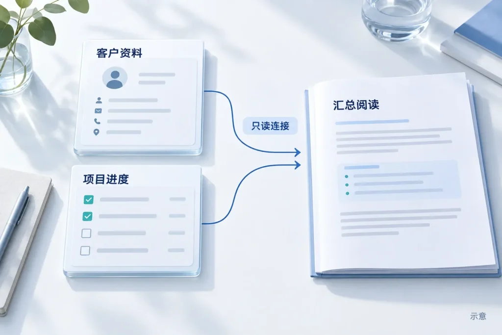 客户与项目记录汇集到文档的只读查询示意