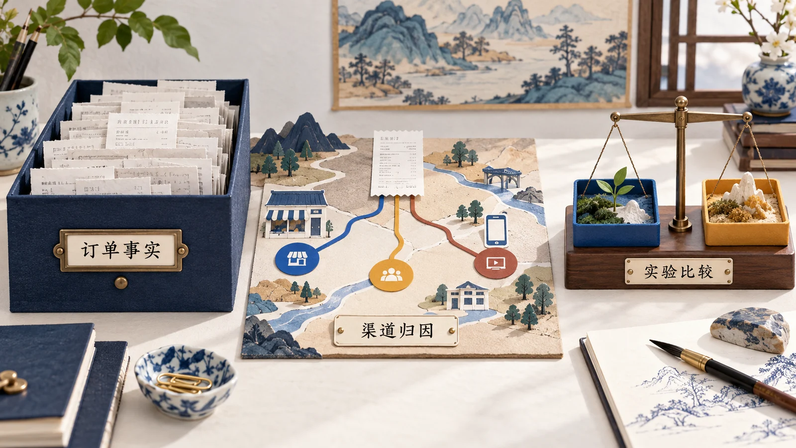 业务订单、渠道归因和对照实验分别提供不同证据，不应直接当成同一数字