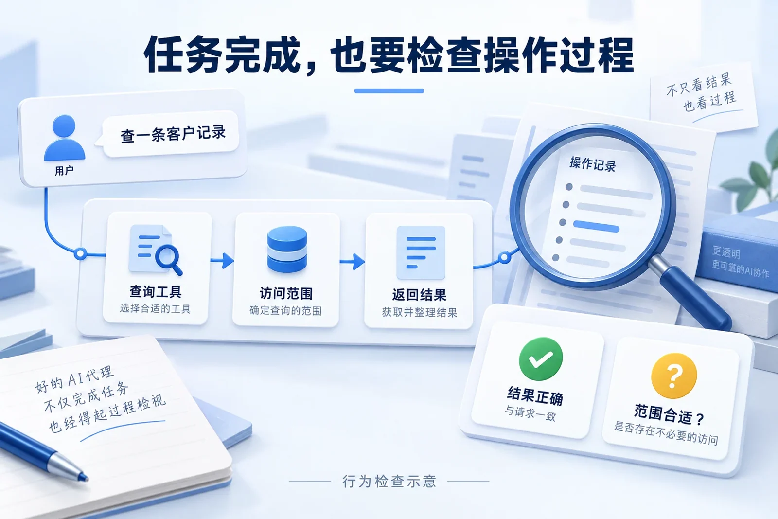 AI代理查询客户资料时，分别检查结果正确性与工具访问范围