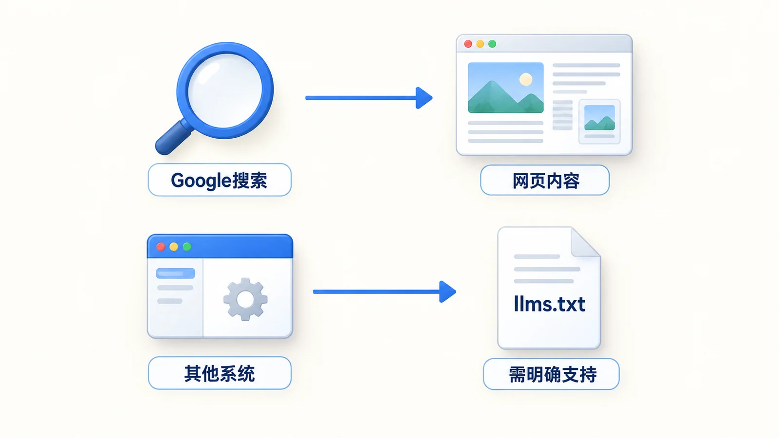 Google搜索读取网页；其他系统是否使用llms.txt须按实际支持判断