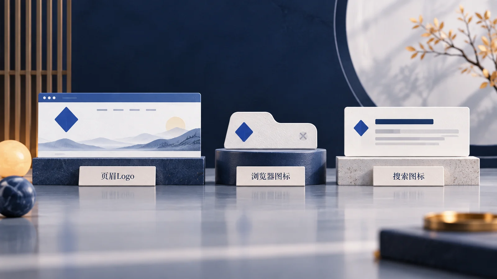 页眉Logo、浏览器标签图标和自然搜索小图标位于不同位置