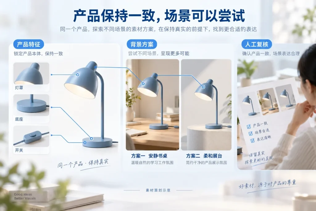保持台灯产品特征一致,比较书桌与展台场景并进行人工复核