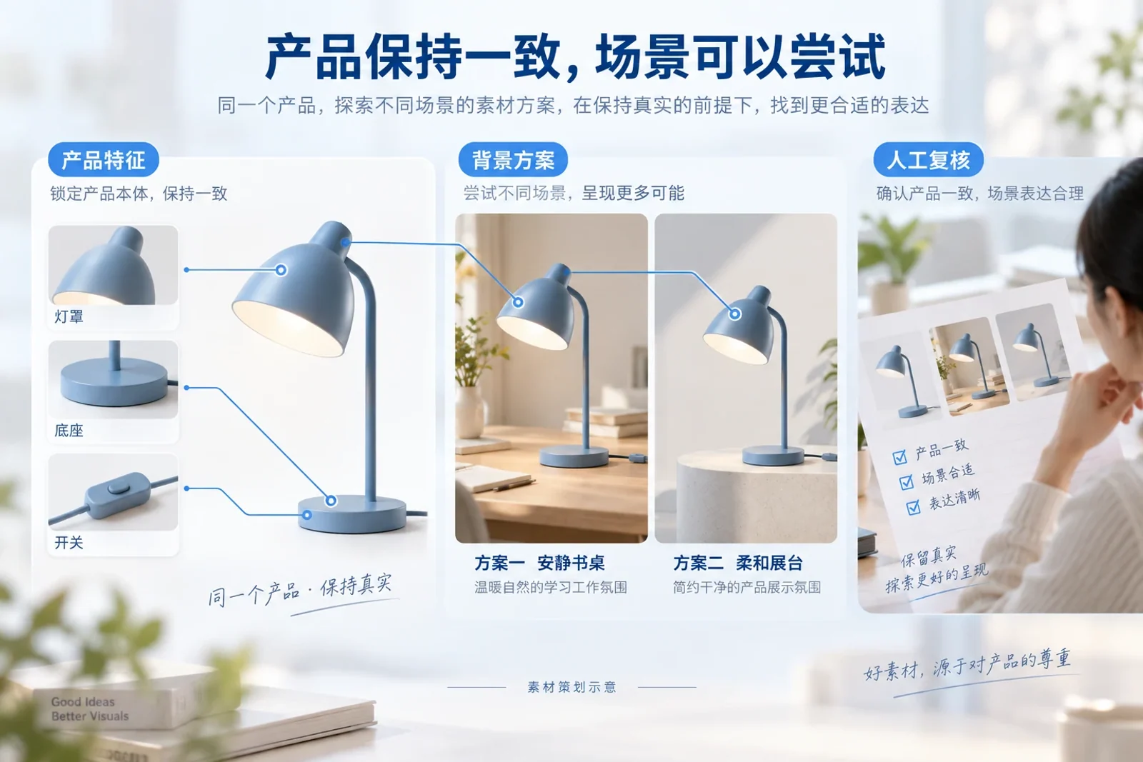 保持台灯产品特征一致，比较书桌与展台场景并进行人工复核