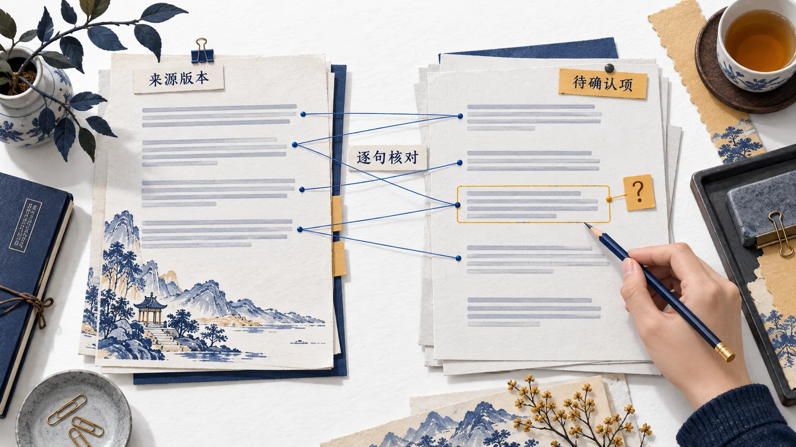 将草稿中的产品说法与确认后的来源逐句对照,保留待补问题