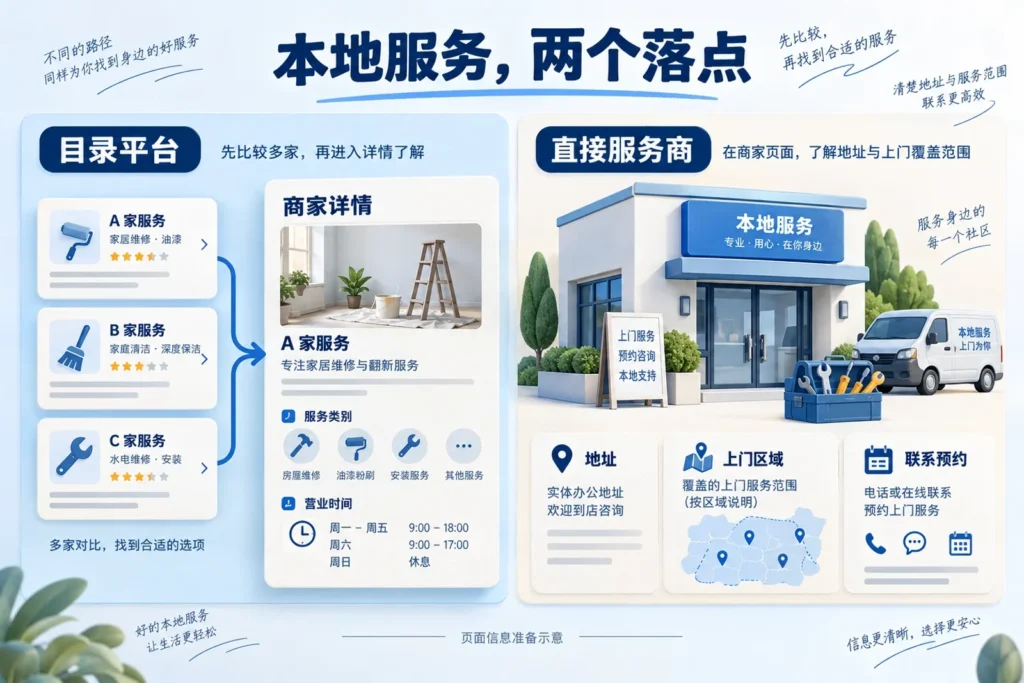 本地业务页面准备示意:目录比较与商家详情,以及直接服务商的地址和上门区域