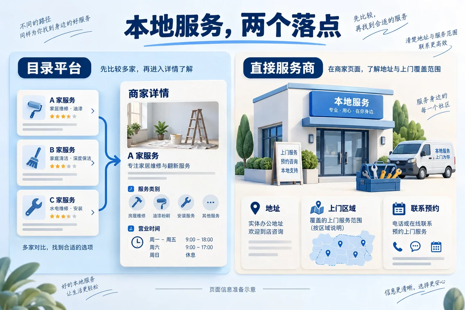 本地业务页面准备示意：目录比较与商家详情，以及直接服务商的地址和上门区域