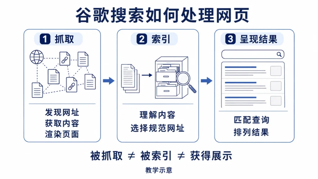 Google搜索三阶段示意：抓取包含发现、获取和渲染，随后是索引以及按查询呈现搜索结果