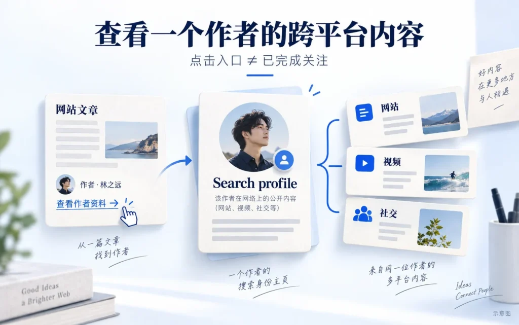 网站文章链接到作者Search profile并汇集网站、视频与社交内容的示意