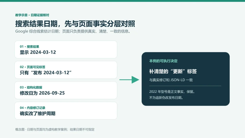 搜索结果日期与页面可见日期、结构化数据、修订记录的核对示意。
