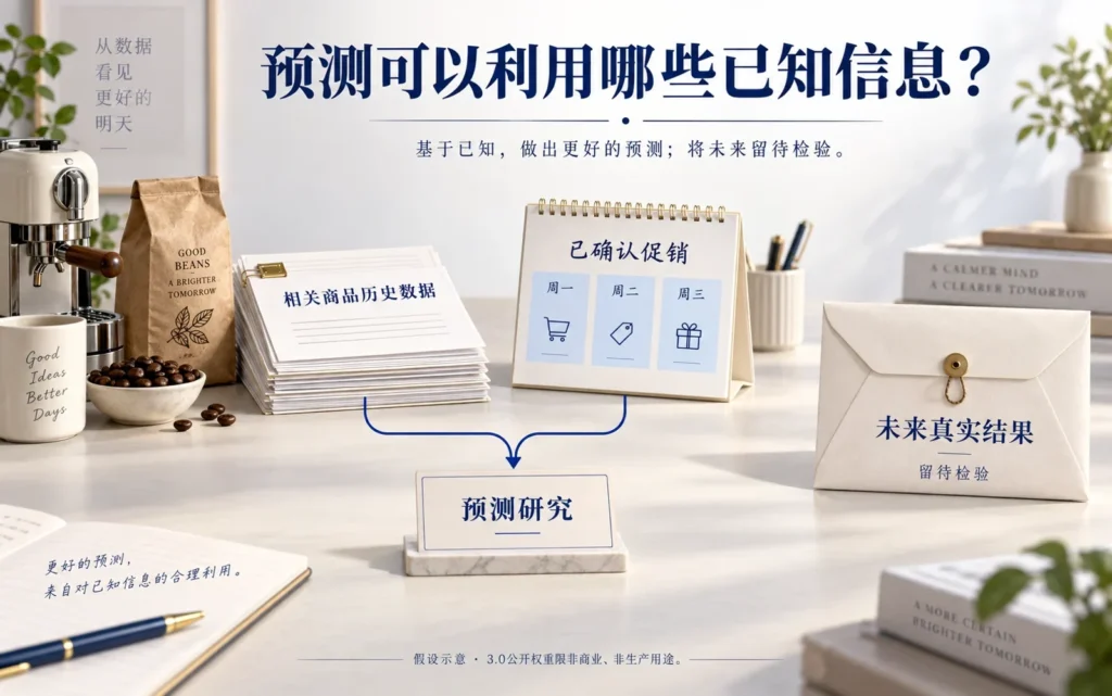 相关商品历史数据与已知促销用于预测研究,未来真实结果留待检验的示意