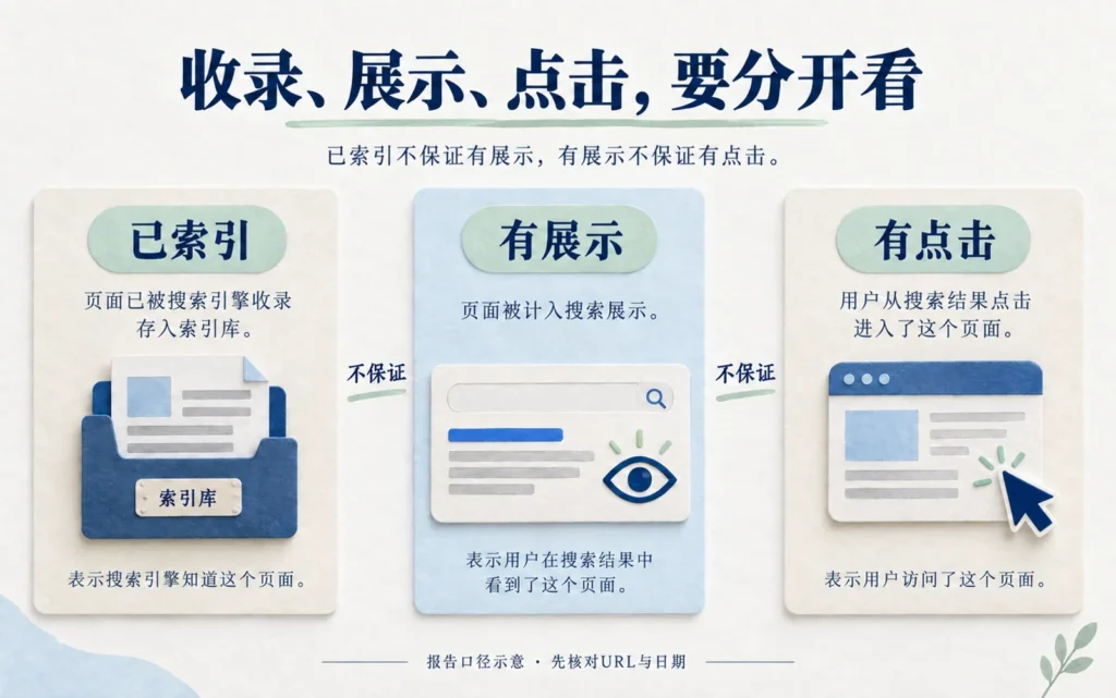 GSC已索引、有展示和有点击三个阶段及不保证逐步转化的示意