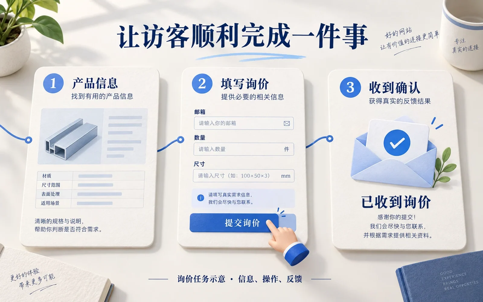 访客查看产品信息、填写询价并收到提交确认的任务示意