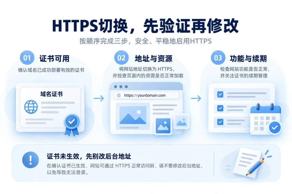 WordPress启用HTTPS时依次验证证书、地址资源、网站功能与续期