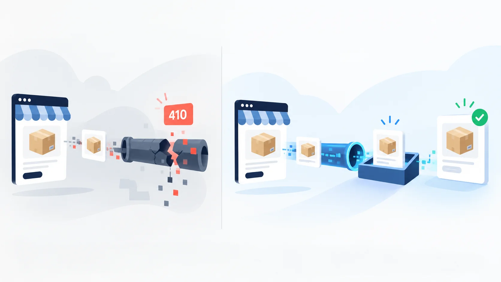 示意图：旧商品同步请求遇到 410，改用 Merchant API 后还需核对处理后的商品