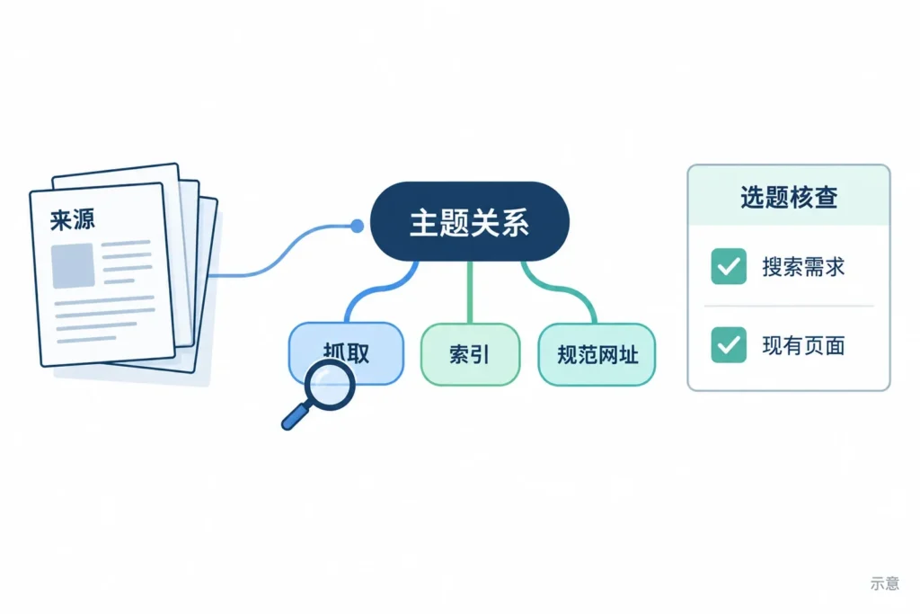 来源整理为主题分支,再核查搜索需求和现有页面的示意