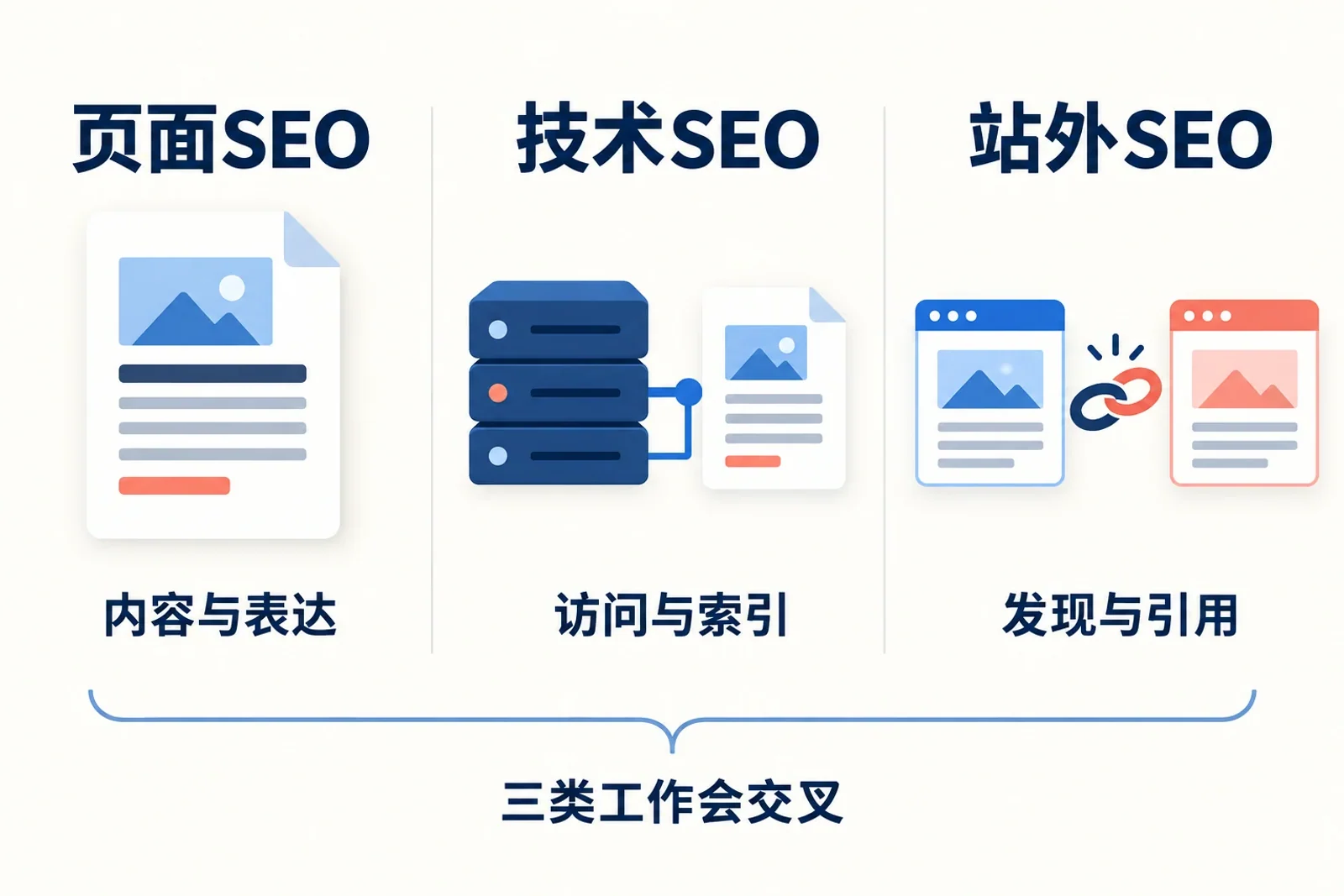 页面SEO、技术SEO和站外SEO工作对象及交叉关系示意图