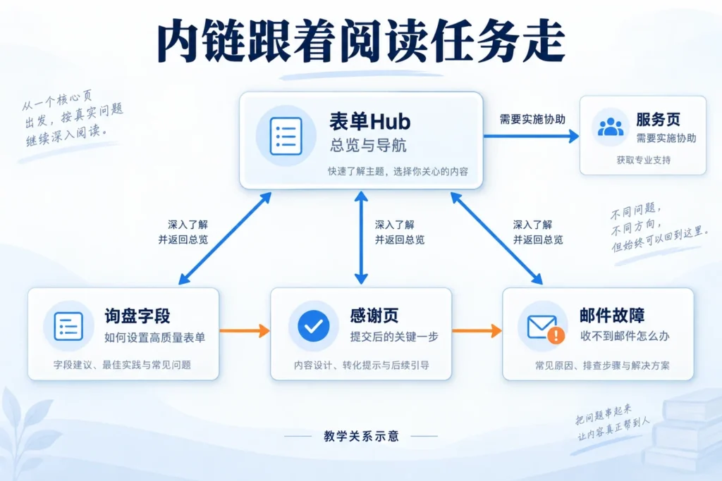 表单Hub与三个子文章双向连接，询盘字段到感谢页再到邮件故障按阅读任务横向连接