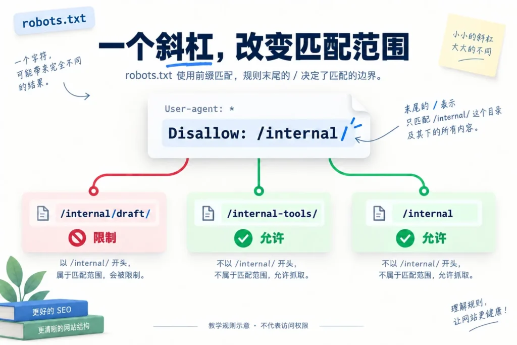 robots.txt路径匹配示意:末尾斜杠影响internal目录与相似路径的抓取规则