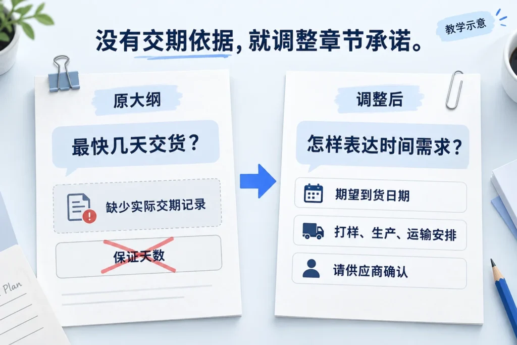 大纲中的交期保证因缺少依据被改为表达期望日期并请供应商确认安排