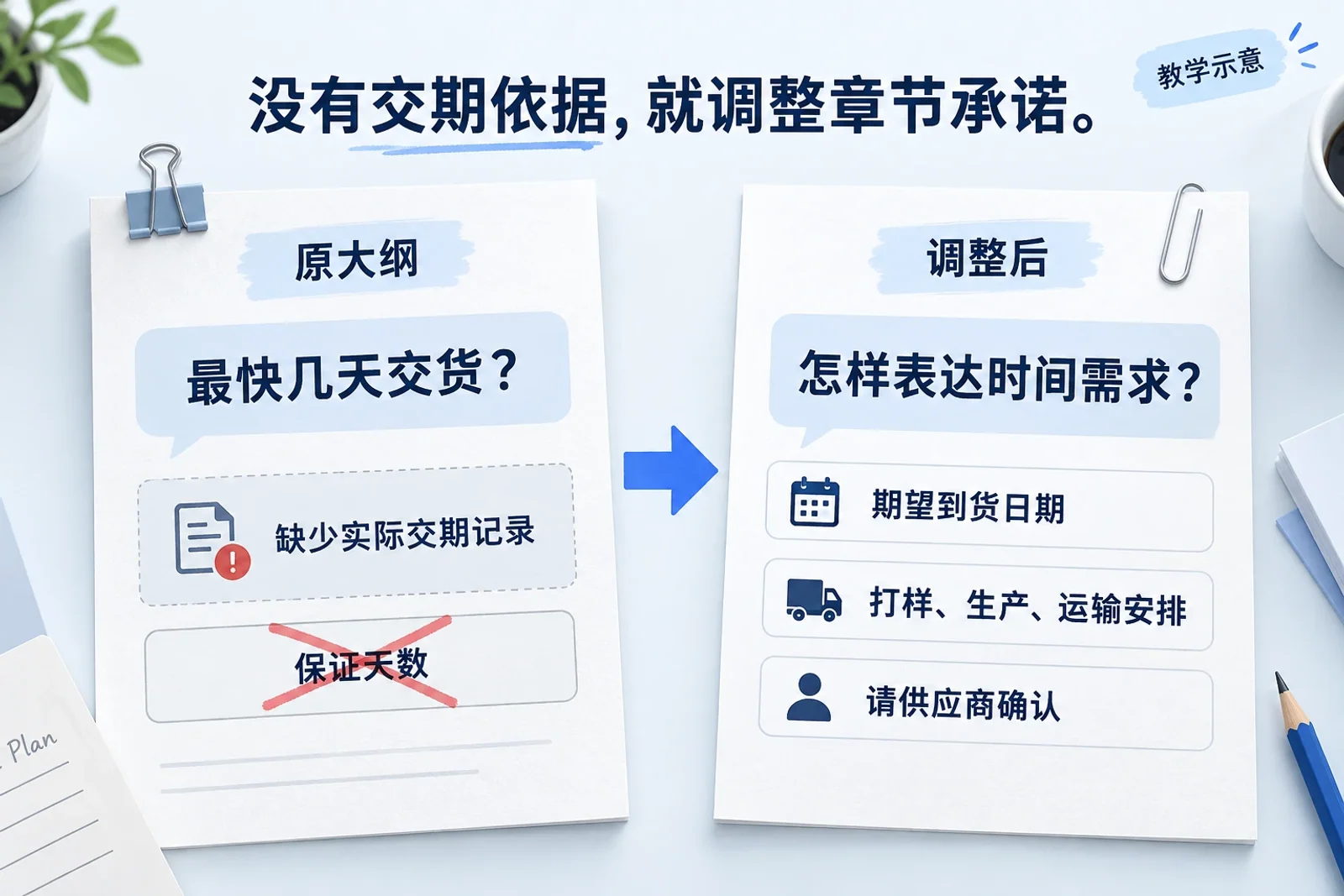 大纲中的交期保证因缺少依据被改为表达期望日期并请供应商确认安排